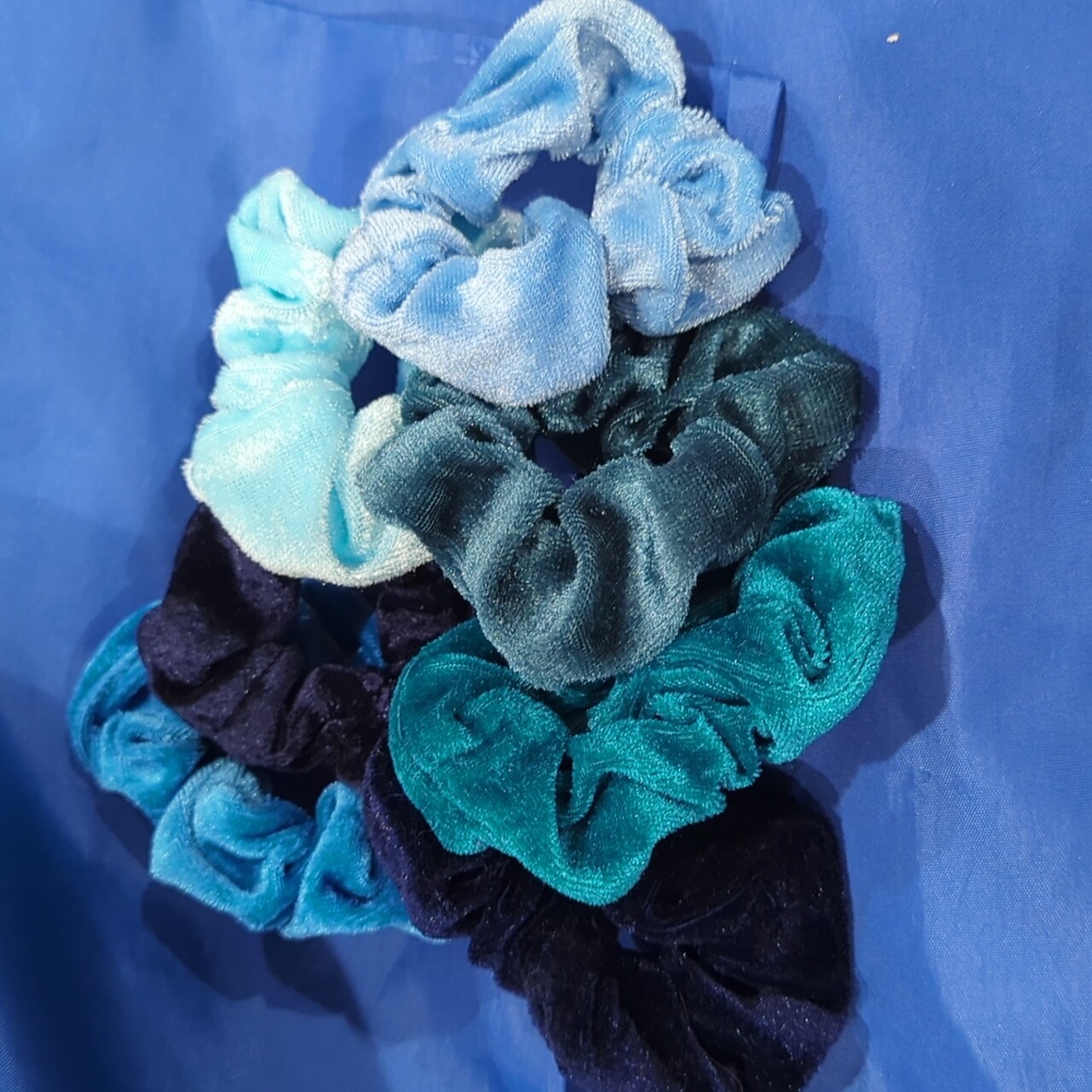 7 Shades of blue crushed velvet scrunchies.